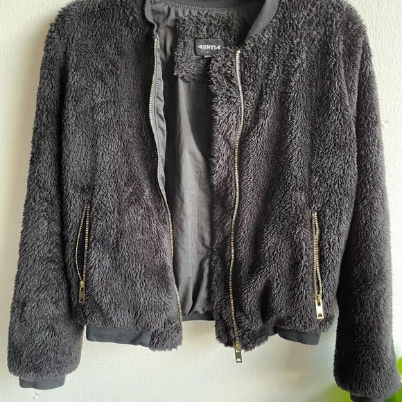 4SIENNA Black Faux Fur Bomber Jacket Size - Picture 2 of 11